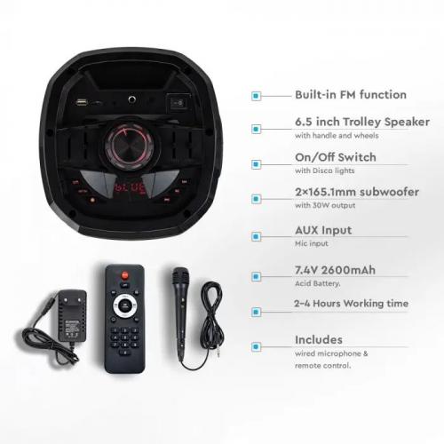 V-TAC - 30W Rechargeable Trolley Speaker Wired Microphone RD Control SKU: 8680 
