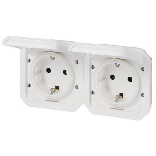 LEGRAND - Socket Schuko 16A DOUBLE horizontal aut. terminals mechanism color White IP55 Plexo New 69675L