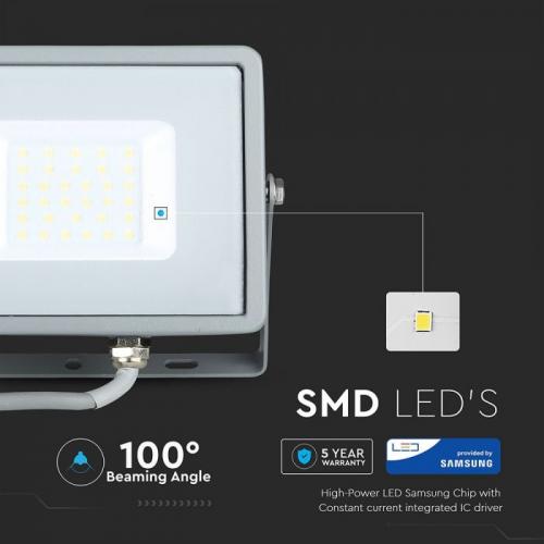 V-TAC - 30W LED Прожектор SAMSUNG Чип SMD Сиви Тяло 3000K SKU: 454