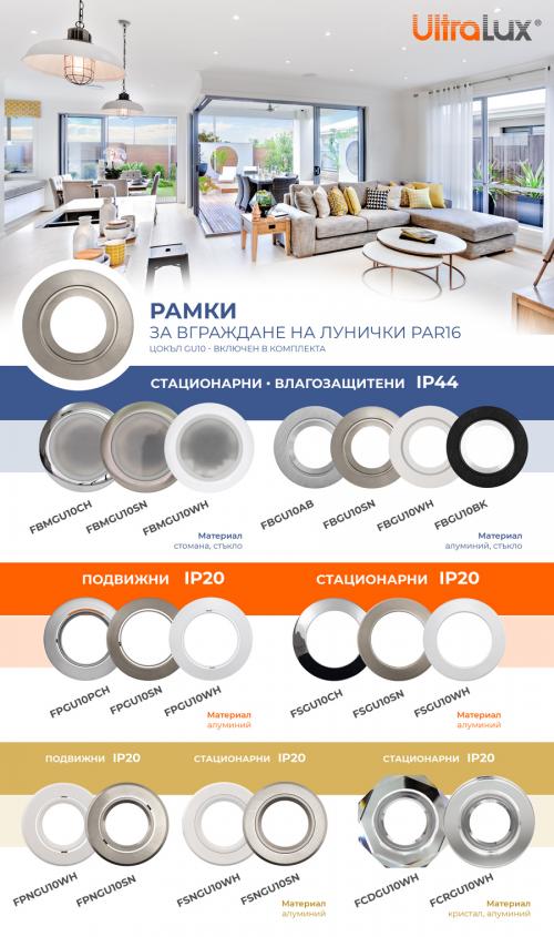 ULTRALUX - FBGU10WH Рамка за вграждане кръг, GU10, стационарна, бялa, алуминий, IP44 влагозащитена
