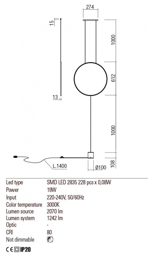 REDO GROUP - Пендел/лампион  SLICK 01-2197  LED 19W 3000K SBK