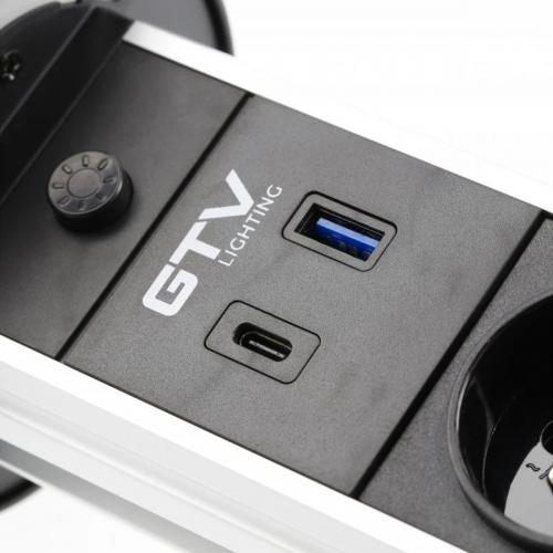 GTV Lighting - Контакт за вграждане в мебел CAMINO Pull-up 2x Schuko, USB A+C, безжично зарядно 10W, кабел 1,5 м, черен AE-BPW2SCAM-20