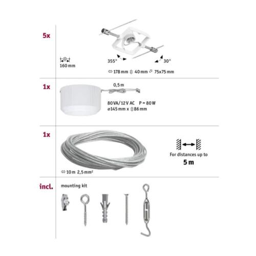 PAULMANN - 94134  Rope system Mac II basic set✴ GU5.3 max. 5x10W ⚡dimmable ~230/12V✴white