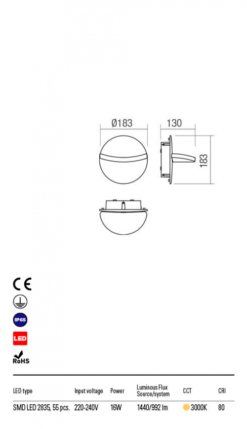 REDO GROUP - Аплик  GIMBAL 90067 AP LED SMD 16W IP65 MW 3000K