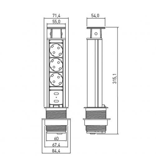 GTV Lighting - Контакт за вграждане в мебел AE-BPW3S60U-20 контакт тип шуко 3бр.+2хUSB 5V 2.1A
