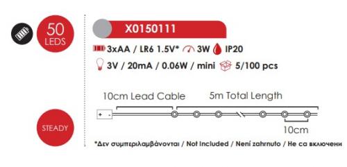 ACA LIGHTING - 50 LED STRING LIGHTS, WW, SILVER COPPER WIRE & BAT. 3XAA IP20 5M+10CM, 3W X0150111