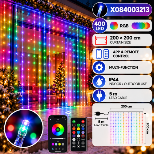ACA LIGHTING - 400 LED многоцветни RGB светлини, 2м светодиодна завеса SMART и дистанционно, 14.8W, външно приложение IP44, 4м кабел X084003213