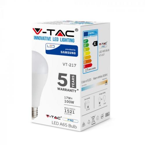 V-TAC - LED Bulb SAMSUNG Chip 17W E27 A65 Plastic White SKU: 164