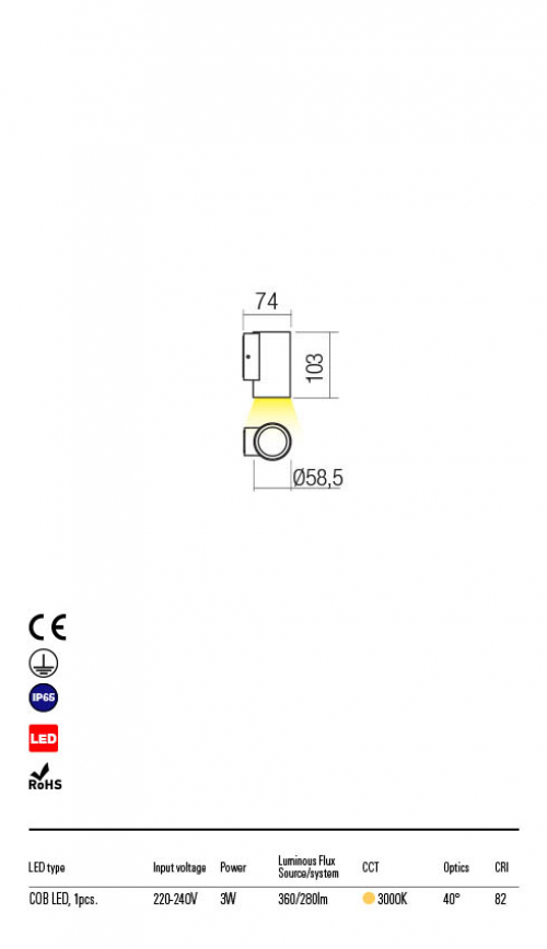 REDO GROUP - wall luminaire  RAM 90076 AP LED COB 3W IP65 DG 3000K