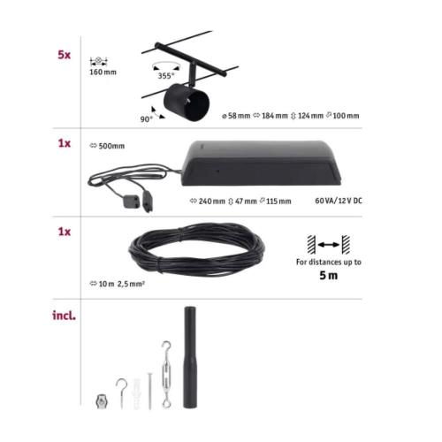 PAULMANN - 94469  CorDuo cable system Cup basic set✴GU5.3 max. 5x10W ~230/12V✴ matt black/chrome