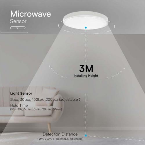 V-TAC - 18W LED Dome Light Round Microwave Sensor White Frame 4000K IP44 SKU: 76601