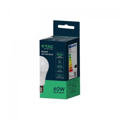 V-TAC - LED Bulb 8.5W E27 A60 Plastic Sensor 3000K SKU: 214459 