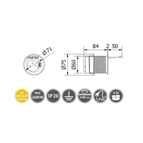 GTV Lighting - Desk recessed power socket CHARGER MINI Ø 60 AE-BPW1S1UCH-53