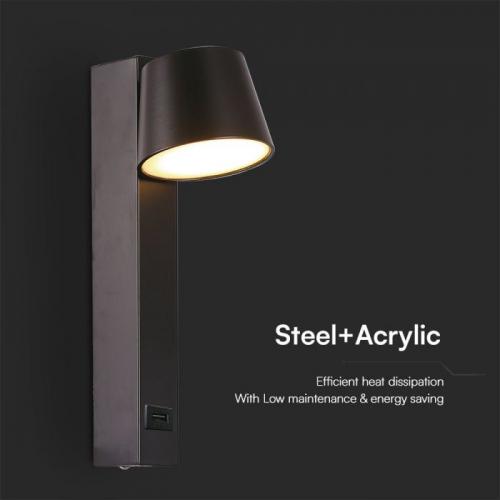 V-TAC - 8W LED Wall Light USB Function 3000K Black SKU: 23406