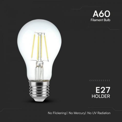 V-TAC - LED Крушка 4W Filament E27 A60 Прозрачно Покритие 6400K SKU: 217120 