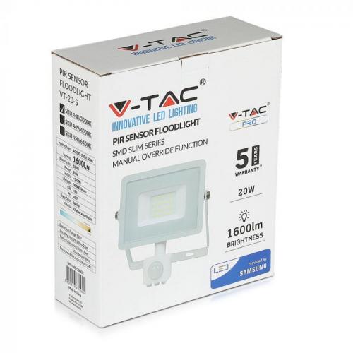 V-TAC - 20W LED Прожектор Сензор SAMSUNG Чип Бяло Тяло 6400K SKU: 450