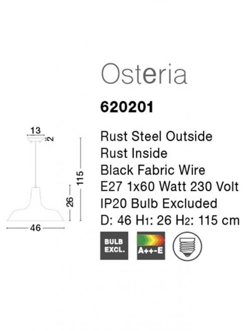 NOVA LUCE - pendant luminaire OSTERIA 620201 E27 1x60W Bulb Excluded D: 46 H1: 26 H2: 115 cm
