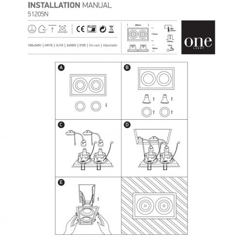 ONE LIGHT - Луна за вграждане насочване квадратна 2xGU10 бяло 51205N/W