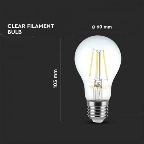 V-TAC - LED Крушка 4W Filament E27 A60 Прозрачно Покритие 6400K SKU: 217120 