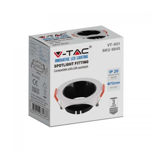 V-TAC - GU10 Корпус Кръг Бяла Рамка с Черен Рефлектор SKU: 6645