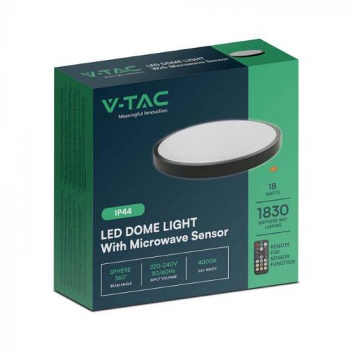 V-TAC - 18W LED Плафон с Дистанционно 4000К Микровълнов Сензор Черна  Рамка Кръг IP44 SKU: 76691 