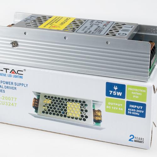 V-TAC - LED Slim Захранване 75W 12V 6A Метал SKU: 3247 VT-20077