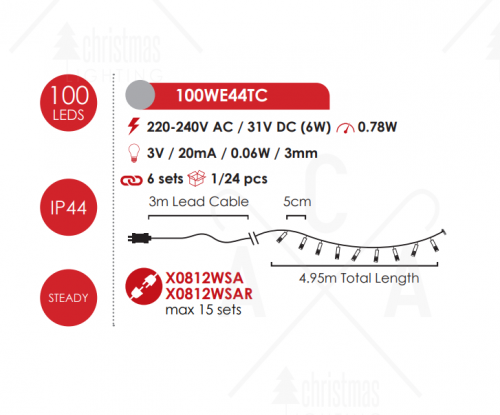 ACA LIGHTING - X08100621 100LED STRING LIGHTS PER 5cm BLUE ADAPTOR 31VDC & CONNECTABLE MAX 6 SETS IP44 3m TRANSPARENT CABLE