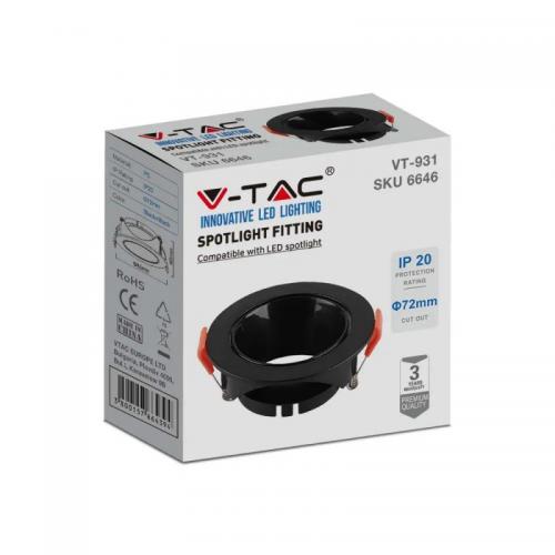 V-TAC - GU10 Корпус Кръг Черна Рамка с Черен Рефлектор SKU: 6646 