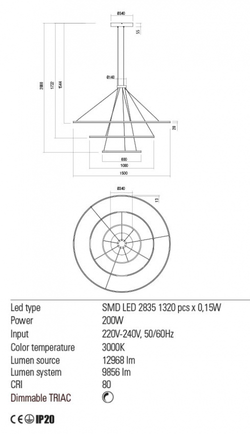 REDO GROUP - Пендел ORBIT 01-2245-DALI LED 200W 3000K D1500+1000+600 TRIAC SAND WHITE-DALI